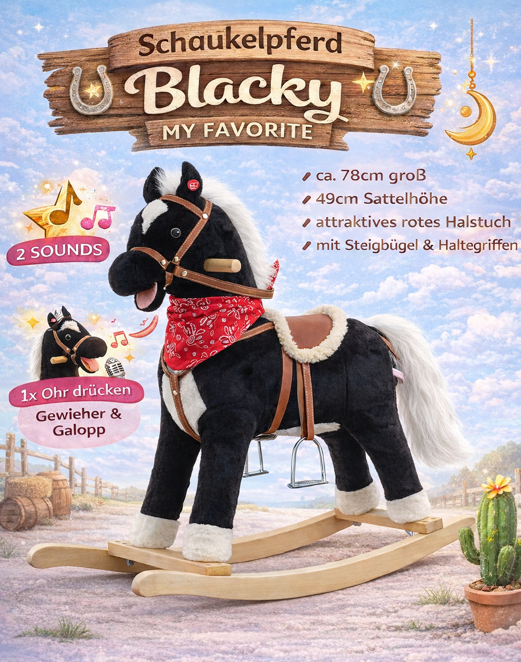 Sweety Toys 6250 Blacky hobbelpaard beweegbare mond en staart - 2 geluiden