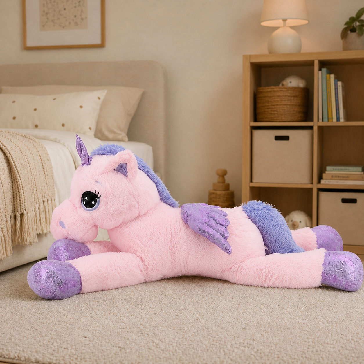 XXL Einhorn Plüschtier rosa 130 cm mit Glitzerflügeln, Glitzerhorn & gestickten Augen
