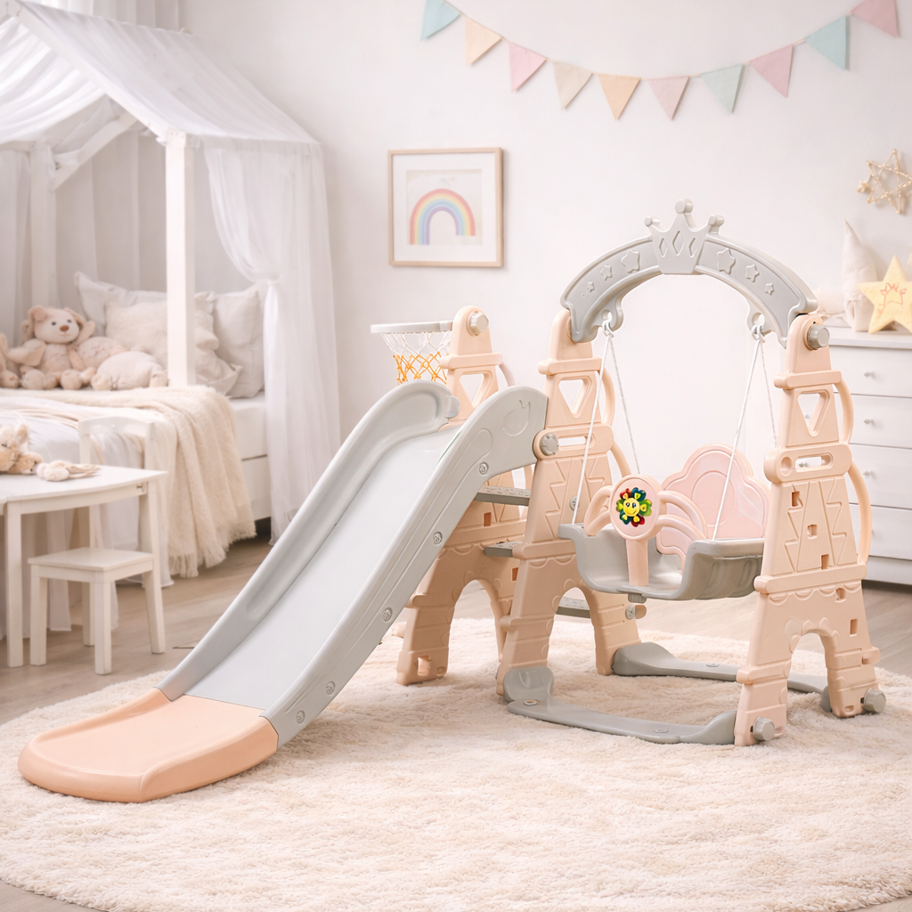 Sweety Toys Balançoire Et Toboggan 3-en-1 – Tour Eiffel – Panier Basket Et Boîte à Sons – Montage 15 Min Sans Outil – Rose/Gris