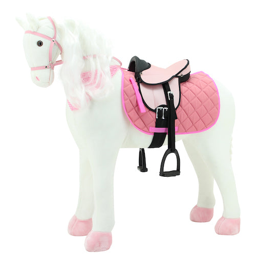 sweety toys 11063/11100 stehpferd xxl giant riesen reitpferd "white beauty" größe ca.125 cm kopfhöhe bis 100kg, weiss mit rosa sattel