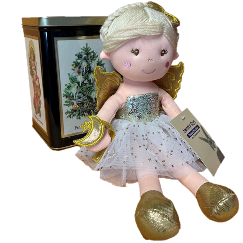 sweety toys  geschenkset 11742 stoffpuppe softpuppe fee 30 cm gold mit geschenkdose,  weihnachtsgeschenkdose geschenkidee geschenkset dose schwarz