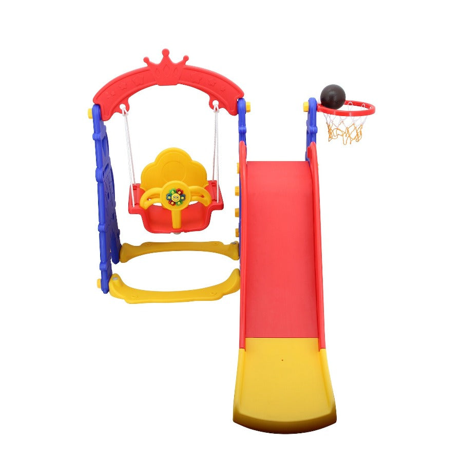 b - ware sweety toys 12718 schaukel und rutsche spielset 3-in 1 produkt rot/gelb/blau mit basketballkorb im eifelturmdesign