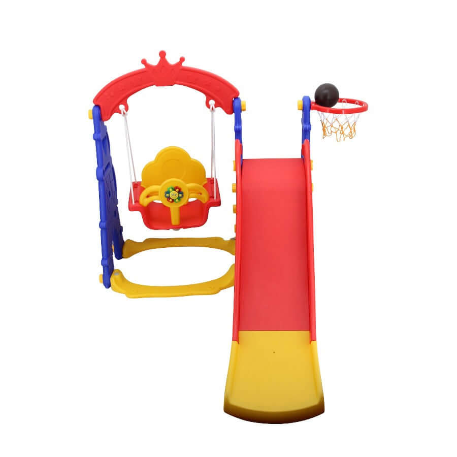 sweety toys 12718 schaukel und rutsche spielset 3-in 1 produkt rot/gelb/blau mit basketballkorb im eifelturmdesign
