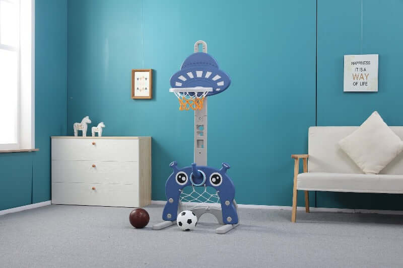 sweety toys 12749 basketballkorb blau 3 in 1 spielzeug - ringe werfen, fußballtor, basketball