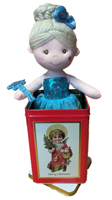 sweety toys geschenkset 13258 stoffpuppe softpuppe fee mit geschenkdose, weihnachtsdose mit plüschtier prinzessin 30 cm blau dose koralle