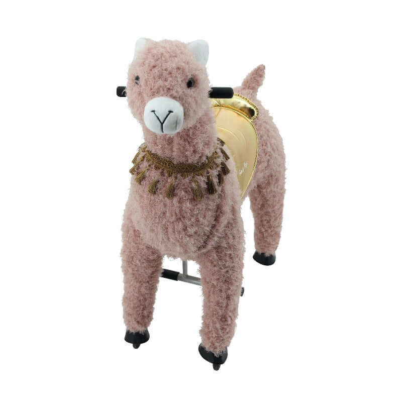 sweety toys 13913 reittier groß alpaka rosa mit goldenem sattel auf rollen für 4 bis 9 jahre-riding animal