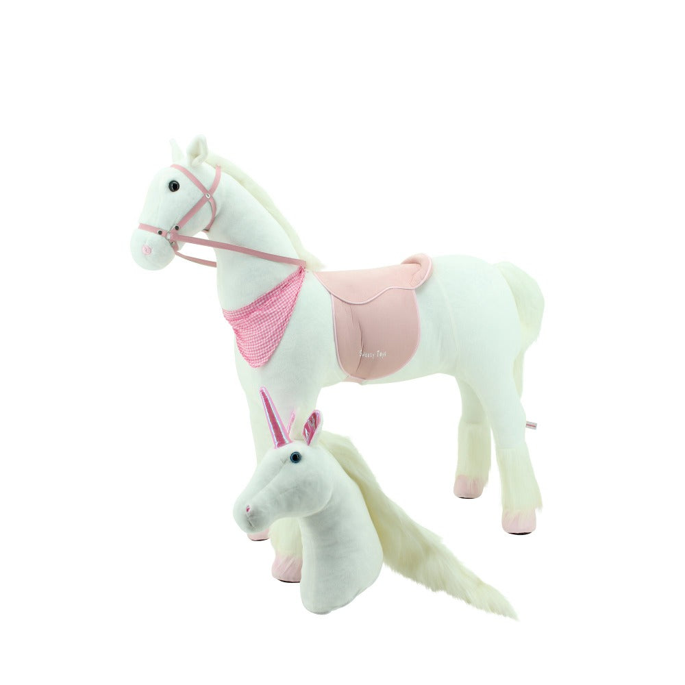 sweety toys 13890 stehpferd robustes xxl reitpferd mit stahlunterbau höhe 130 cm weiss mit rosa sattel inkl. zweitem kopf einhorn