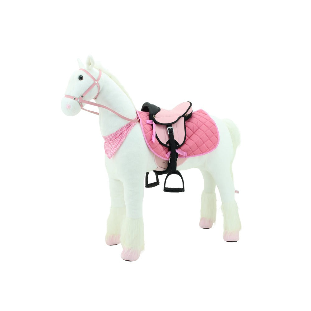 sweety toys 13883 plüsch stehpferd stabiles robustes xxl pferd mit stahlunterbau höhe 130 cm reitpferd weiss mit rosa sattel mit steigbügeln