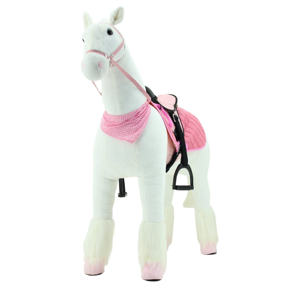 sweety toys 13883 plüsch stehpferd stabiles robustes xxl pferd mit stahlunterbau höhe 130 cm reitpferd weiss mit rosa sattel mit steigbügeln